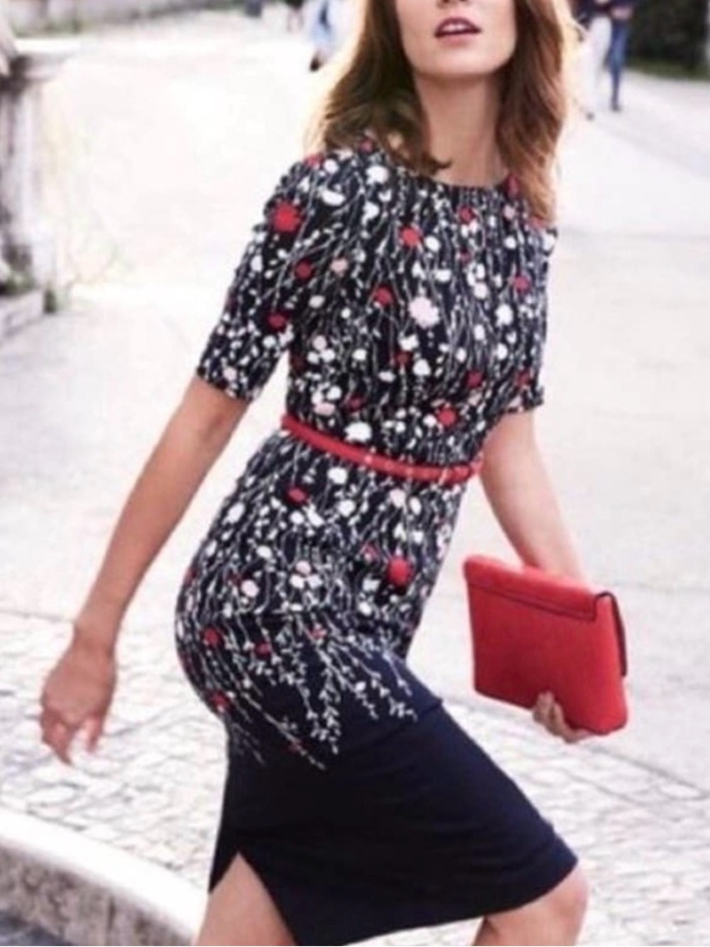 Boden Women’s Navy Floral Dress with pink & red flowers Size 6R *READ*